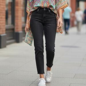 Zara Jeans Women Size 4 Black High Rise Waist Wide Leg Raw Hem Denim‎ Pants